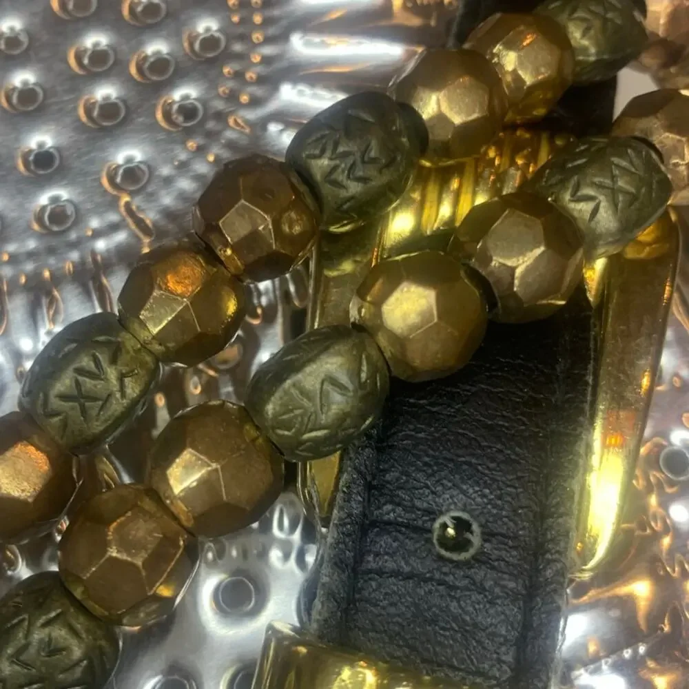 Expres! Womens Beaded Belt Medium Bronze r Brass Buckle Dressy Casual